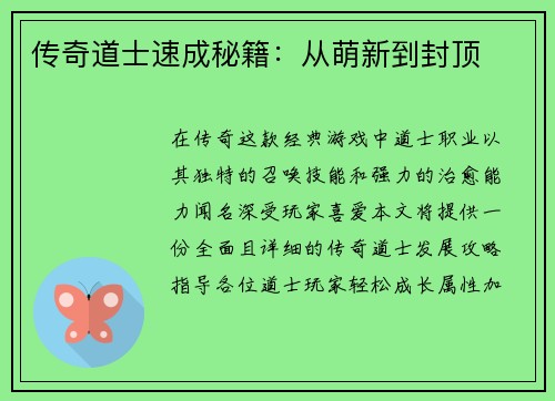传奇道士速成秘籍：从萌新到封顶